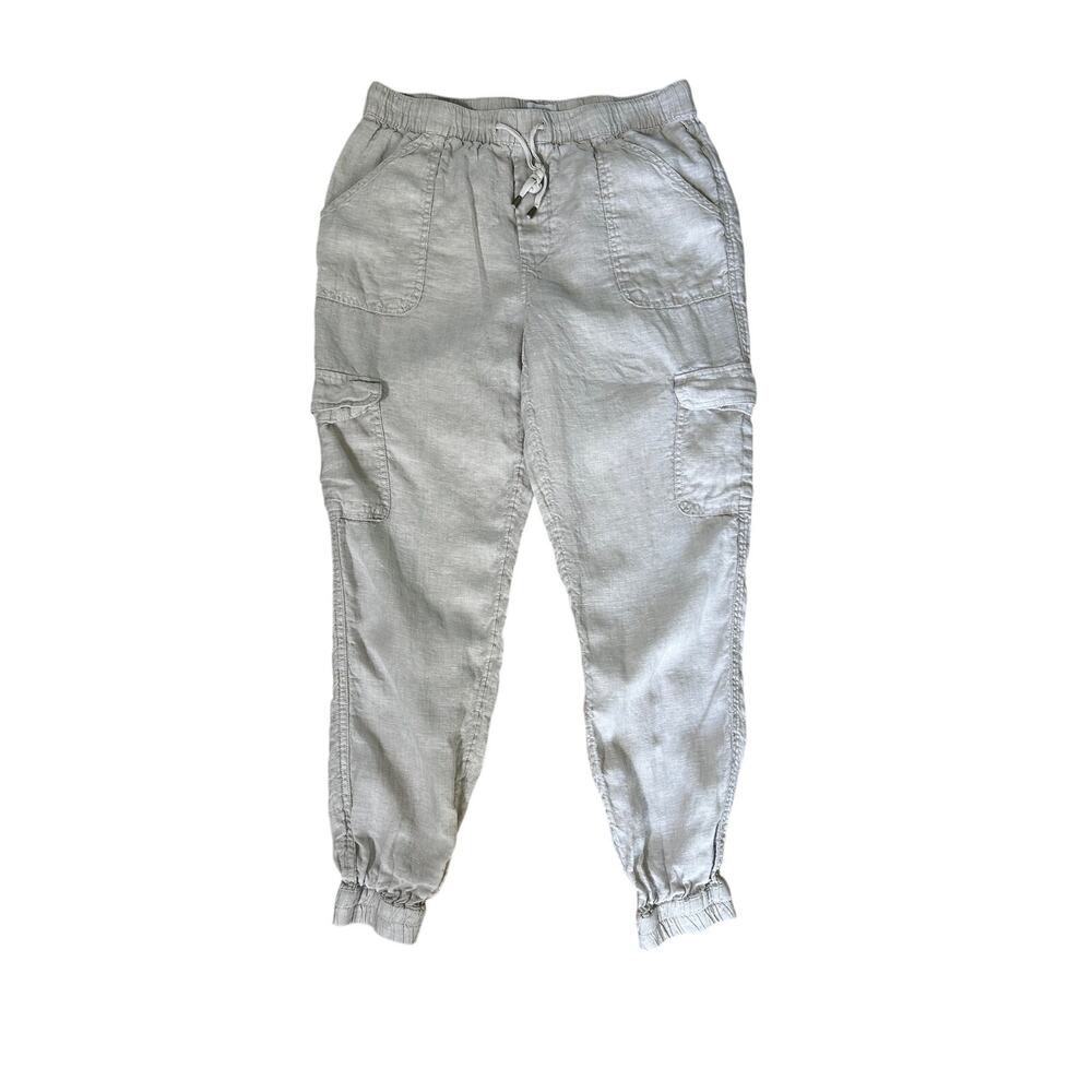 Nicole Miller Linen Jogger Pants Womens M Natural Cargo Drawstring Coastal Boho - Picture 4 of 10